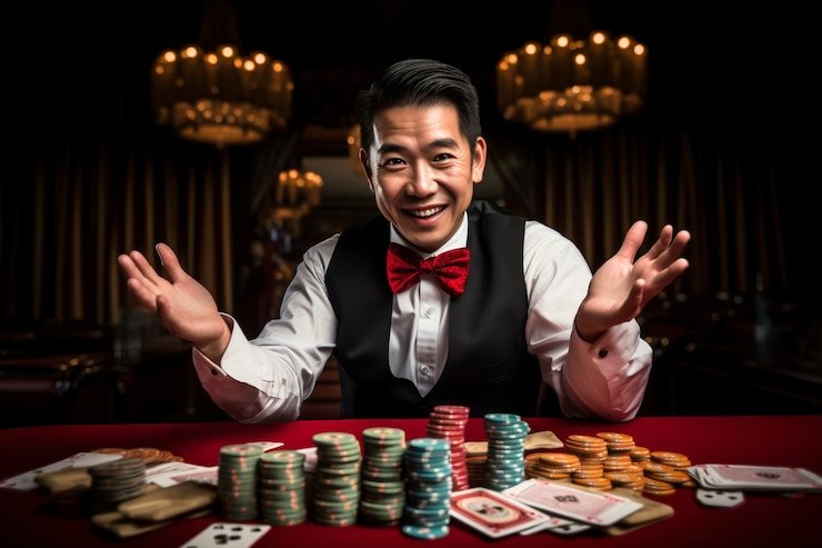 Meja Hot Pot live dengan dealer, kartu yang dibagikan, dan area taruhan di platform olg 777
